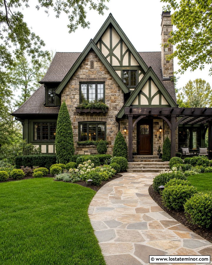 Moss Green Tudor With Dark Wood Pergola - 30 Moss Green House Design With Pergola Ideas