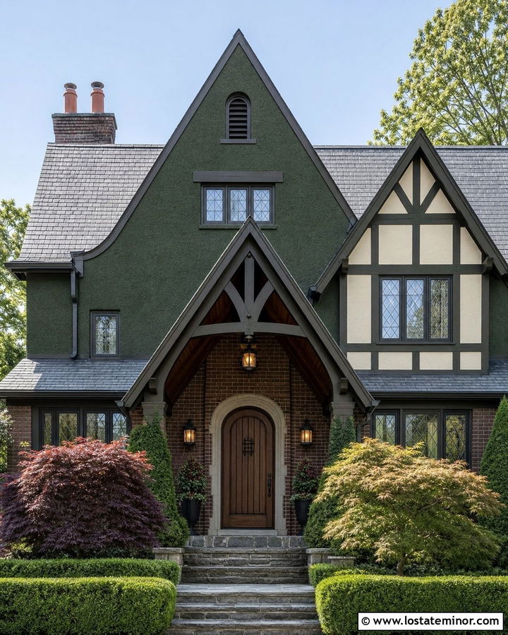 Moss Green Tudor With Dark Wood Porch Ceiling - 30 Moss Green House Design With Porch Ceiling Ideas