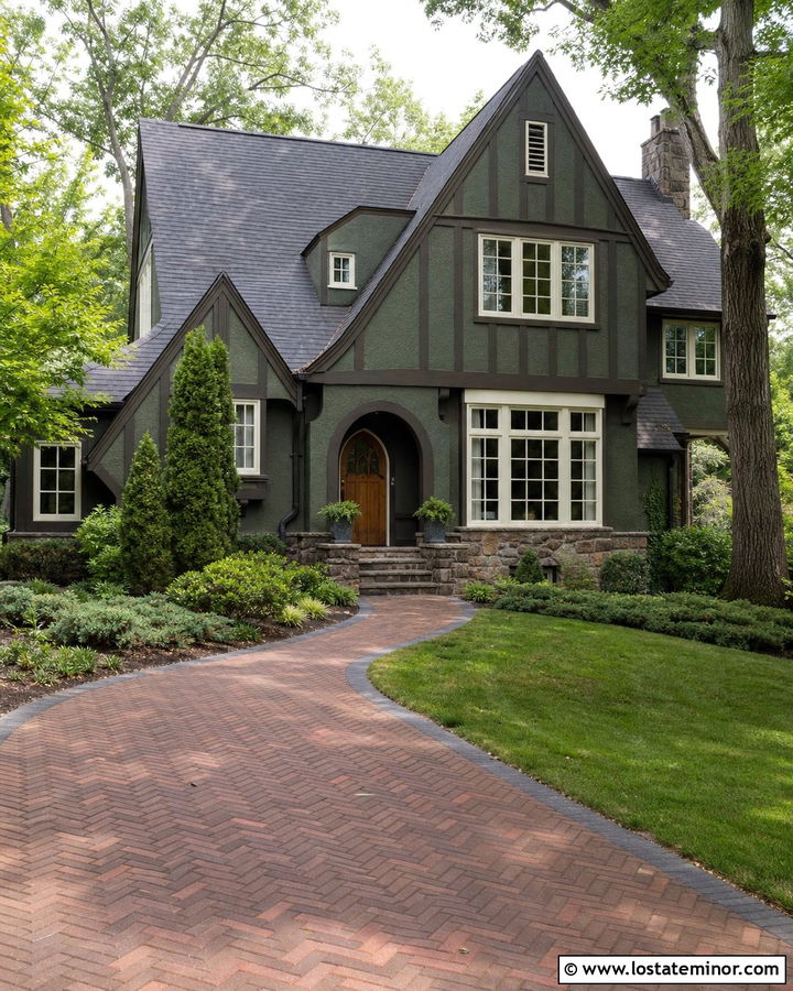 Moss Green Tudor With Herringbone Brick Driveway - 30 Moss Green House Design With Driveway Ideas