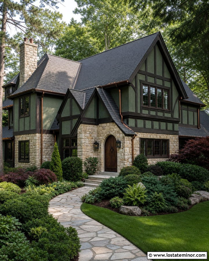 Moss Green Tudor With Layered Evergreen Beds - 30 Moss Green House Design With Front Yard Ideas