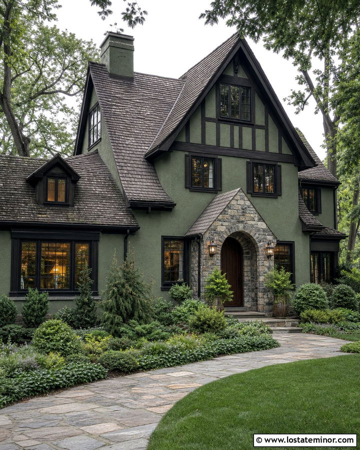Moss Green Tudor With Leaded Glass Lanterns - 30 Moss Green House Design With Light Fixtures Ideas