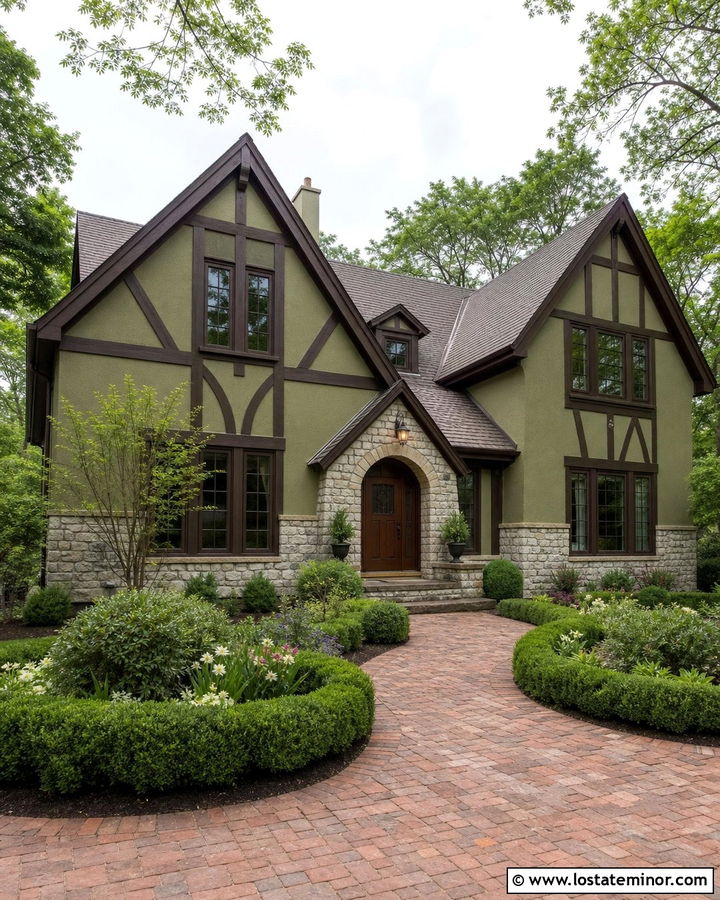 Moss Green Tudor With Mixed Stone Wainscoting - 30 Moss Green House Design With Wainscoting Ideas