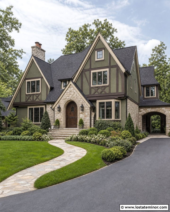 Moss Green Tudor With Stone Beige Trim - 30 Moss Green House Design With Trim Ideas