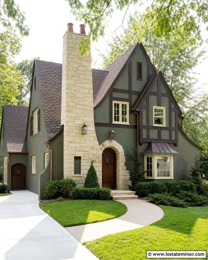 Moss Green Tudor With Stone Chimney - 30 Moss Green House Design With Chimney Ideas