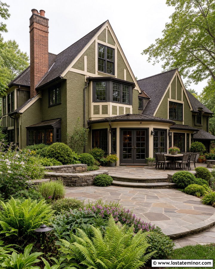 Moss Green Tudor With Stone Terrace - 30 Moss Green House Design With Backyard Ideas