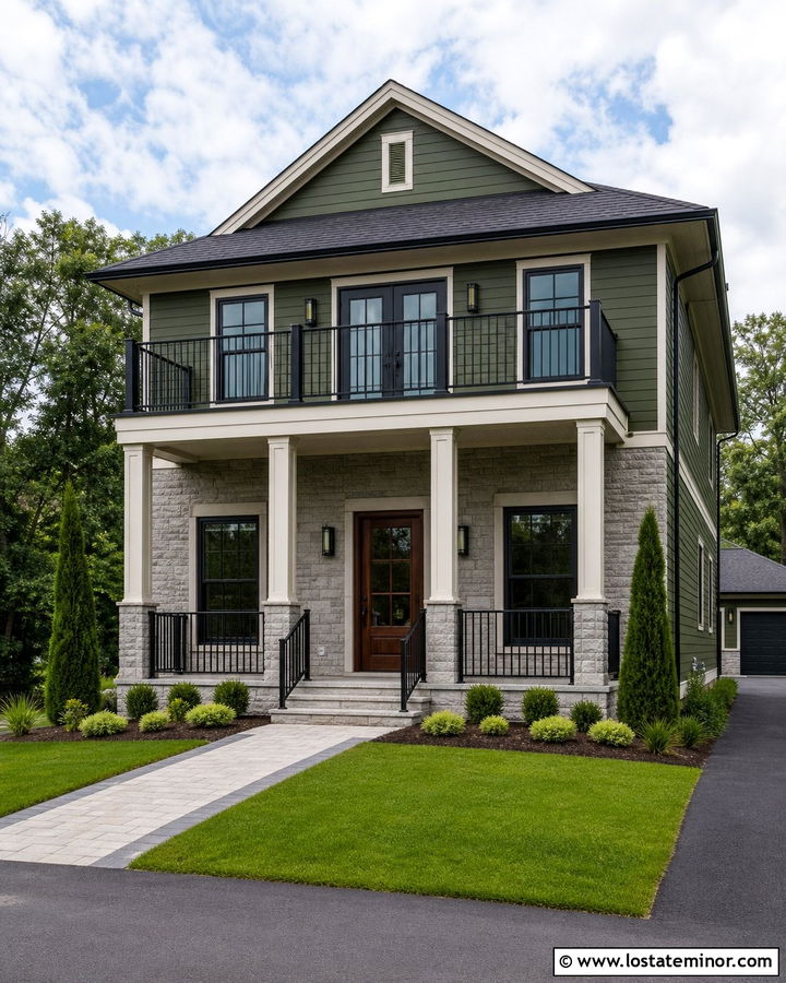 Moss Green Two Story House With Balcony Railings - 30 Moss Green House Design With Railings Ideas