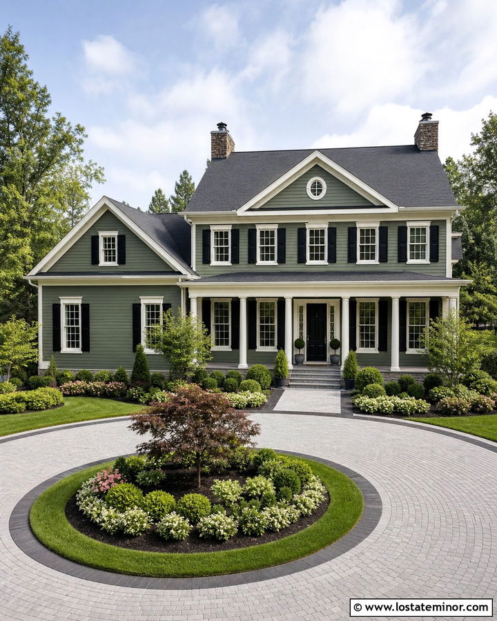 Moss Green Two Story House With Circular Driveway - 30 Moss Green House Design With Driveway Ideas