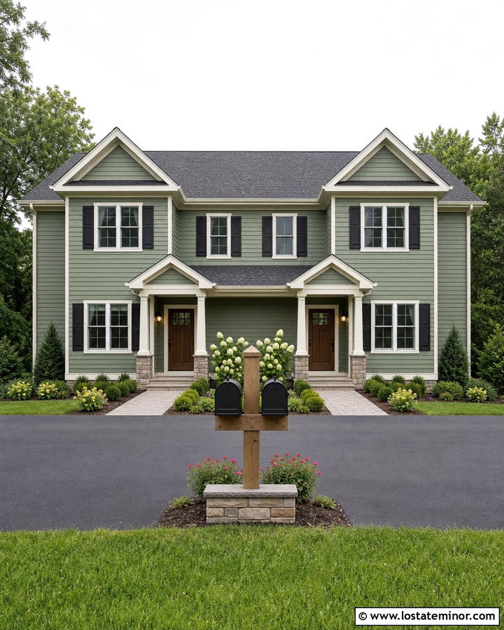 Moss Green Two Story House With Double Mailbox - 30 Moss Green House Design With Mailbox Ideas