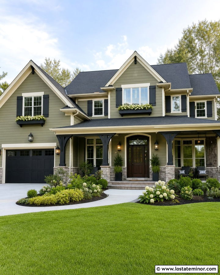 Moss Green Two Story House With Matching Window Boxes - 30 Moss Green House Design With Window Boxes Ideas