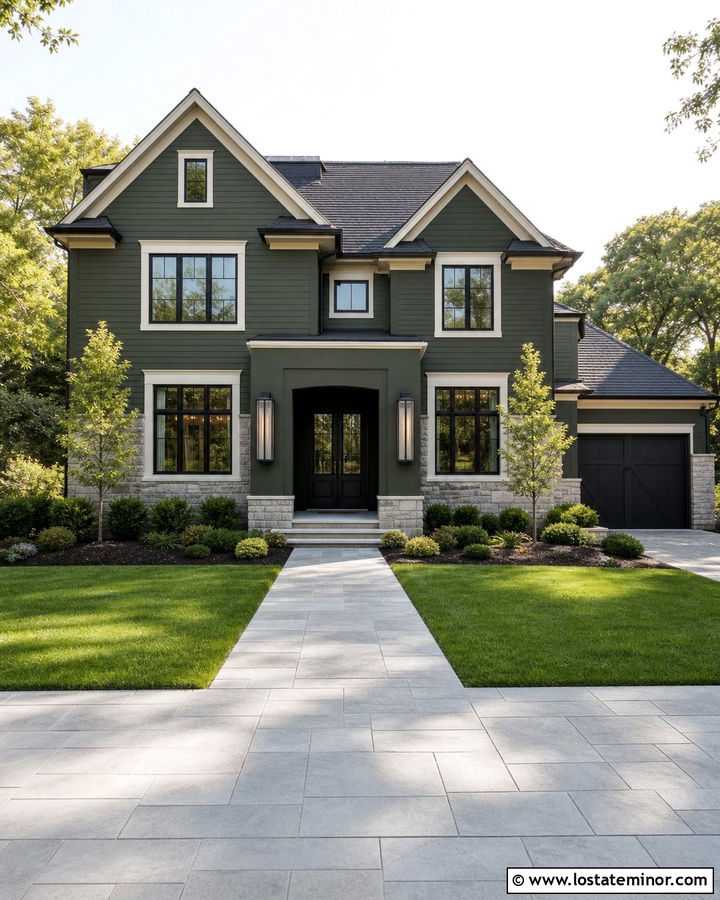 Moss Green Two Story House With Oversized Lanterns - 30 Moss Green House Design With Light Fixtures Ideas