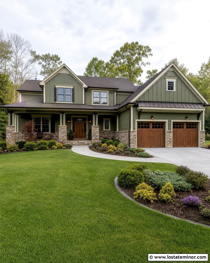 Moss Green Two Story House With Stone Wainscoting - 30 Moss Green House Design With Stone Accents Ideas
