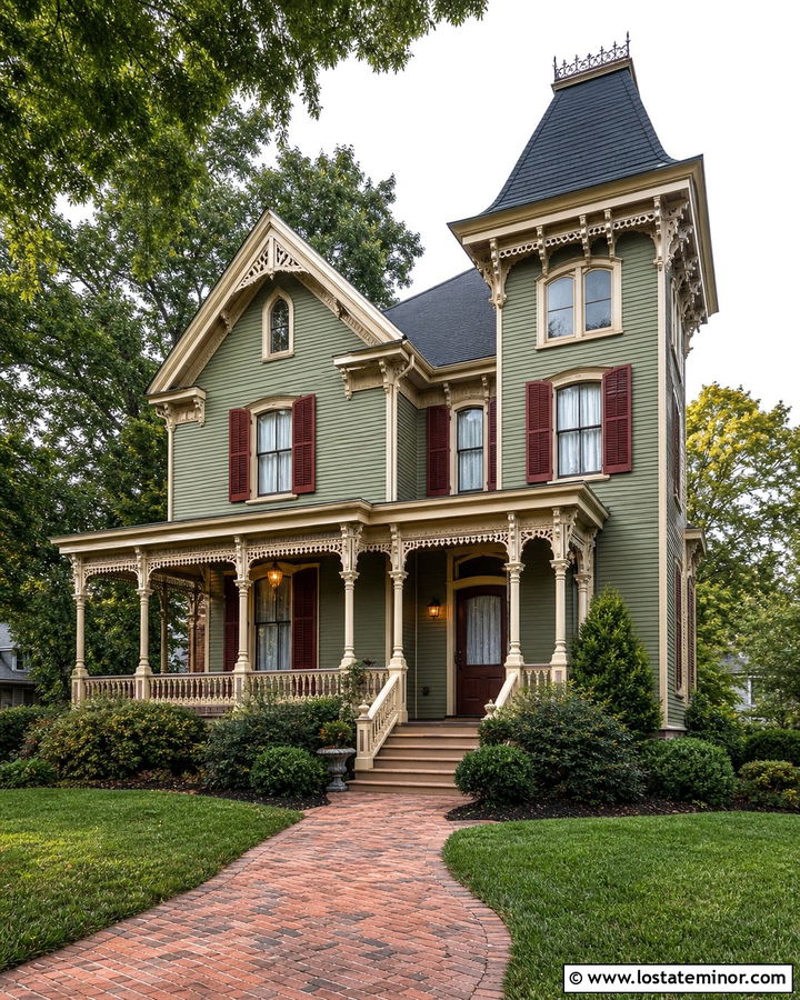 Moss Green Victorian House With Burgundy Shutters - 30 Moss Green House Design With Shutters Ideas