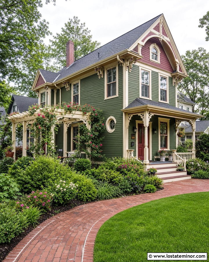 Moss Green Victorian House With Decorative Pergola - 30 Moss Green House Design With Pergola Ideas