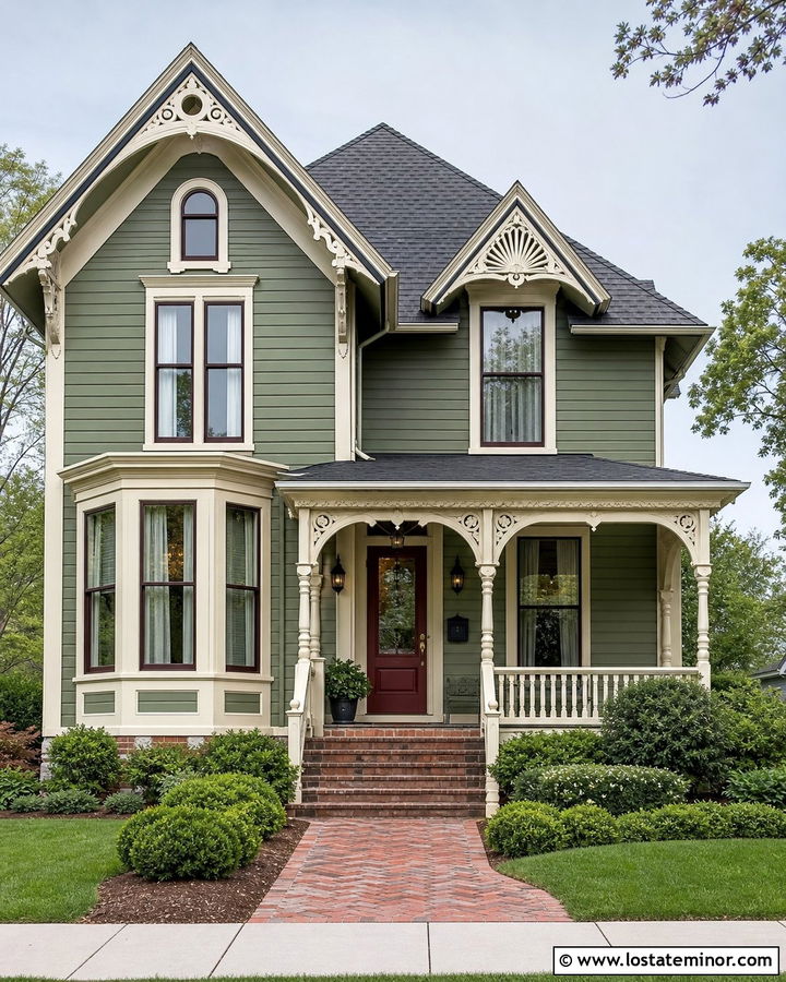 Moss Green Victorian House With Decorative Portico - 30 Moss Green House Design With Portico Ideas