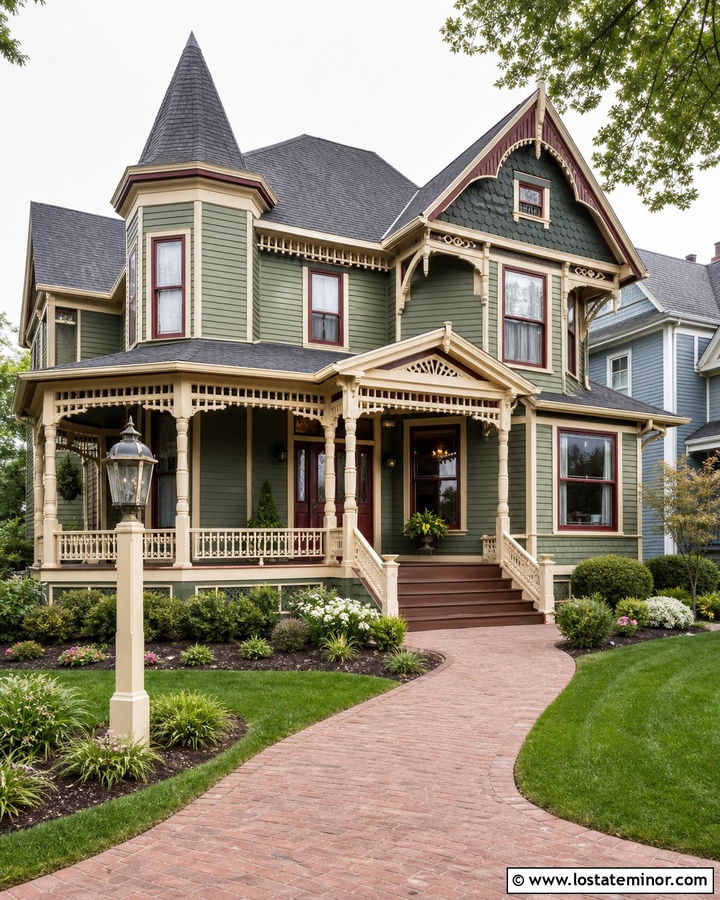 Moss Green Victorian House With Detailed Front Porch - 30 Moss Green House Design With Front Porch Ideas