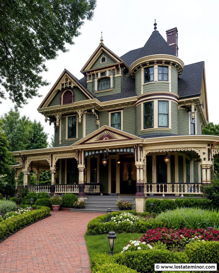 Moss Green Victorian House With Hanging Lanterns - 30 Moss Green House Design With Lighting Ideas