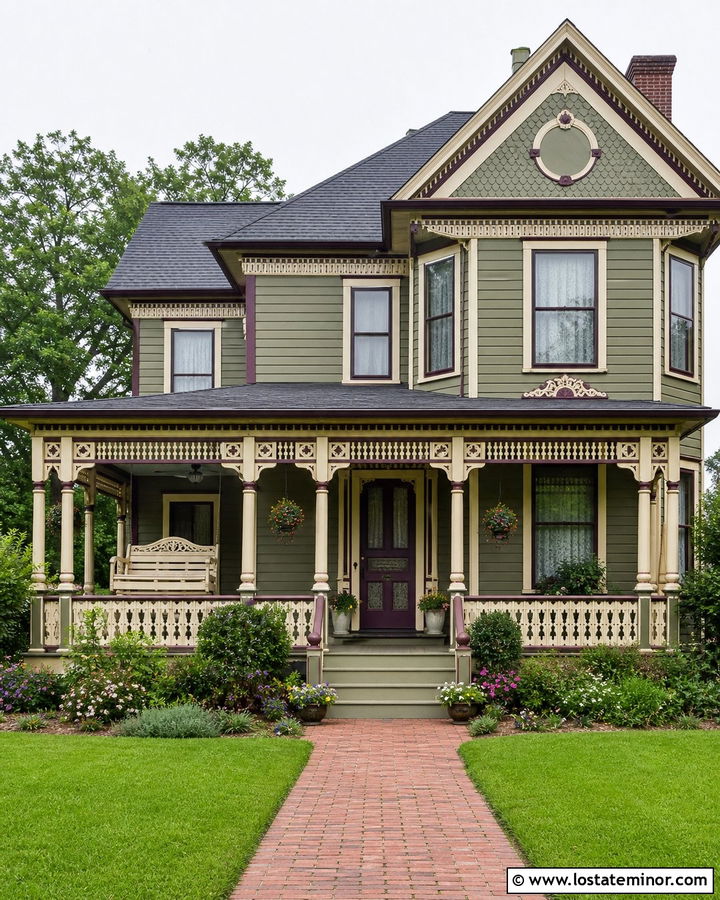 Moss Green Victorian House With Ornate Porch Swing - 30 Moss Green House Design With Swing Ideas