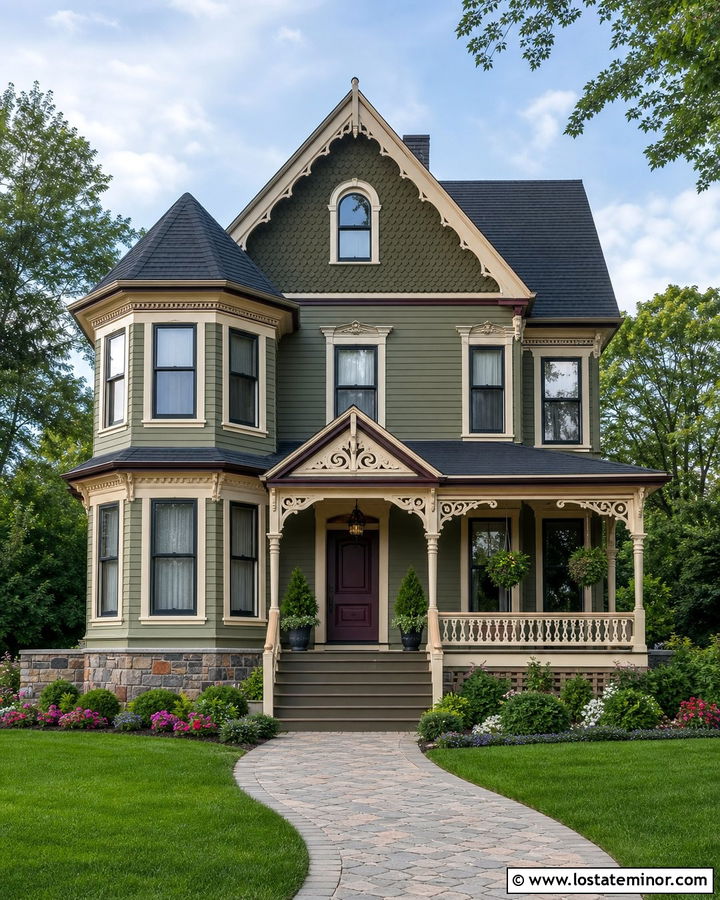 Moss Green Victorian House With Stone Foundation - 30 Moss Green House Design With Stone Accents Ideas