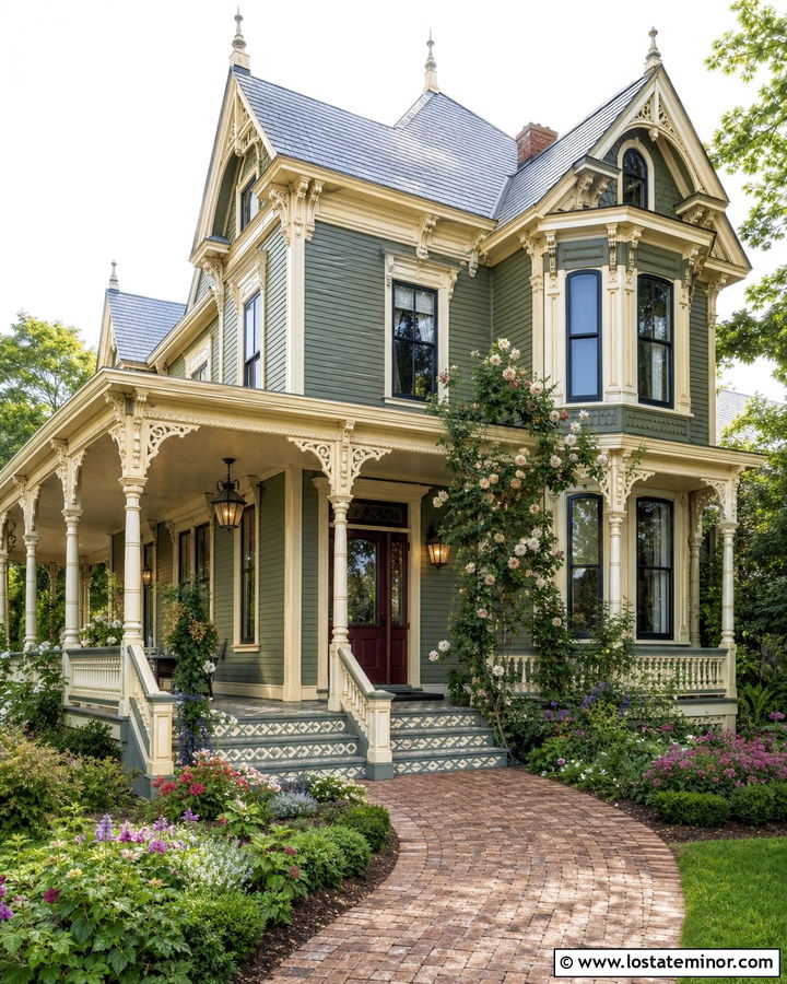 Moss Green Victorian With Cream Porch Ceiling - 30 Moss Green House Design With Porch Ceiling Ideas