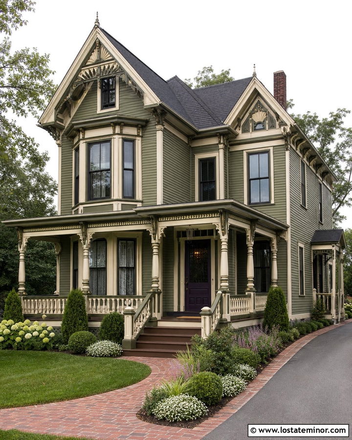 Moss Green Victorian With Cream Trim - 30 Moss Green House Design With Trim Ideas