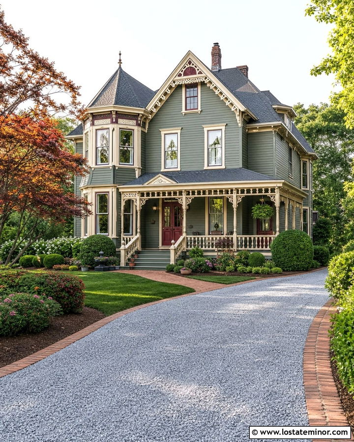Moss Green Victorian With Curved Gravel Driveway - 30 Moss Green House Design With Driveway Ideas