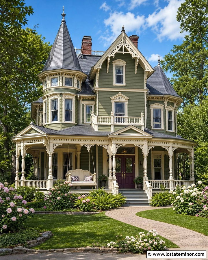 Moss Green Victorian With Ivory Porch Daybed - 30 Moss Green House Design With Daybed Ideas