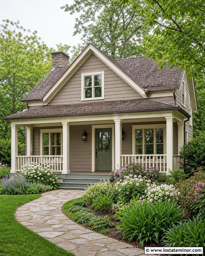 Moth Wing Cottage With Cream Porch Columns - 30 Taupe House Design With Porch Columns Ideas
