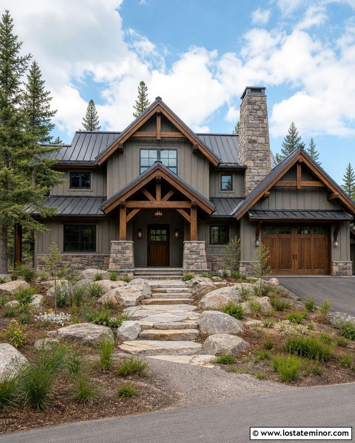 Moth Wing House With Weathered Stone - 30 Greige House Design With Stone Accents Ideas