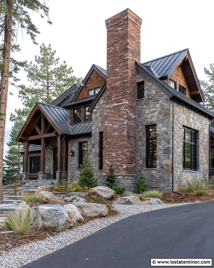 Mountain Stone House With Brick Chimney Accents - 30 Stone House Design With Brick Accents Ideas