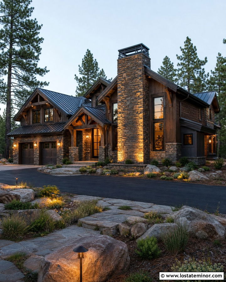 Mountain Stone House With Chimney Uplighting - 30 Stone House Design With Lighting Ideas