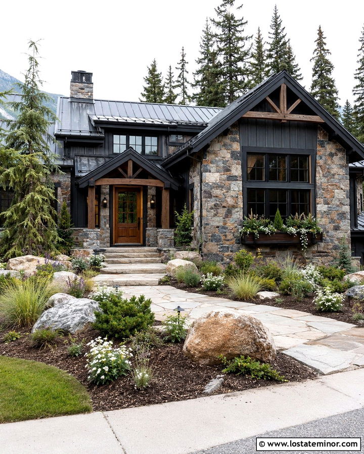 Mountain Stone House With Evergreen Window Boxes - 30 Stone House Design With Window Boxes Ideas
