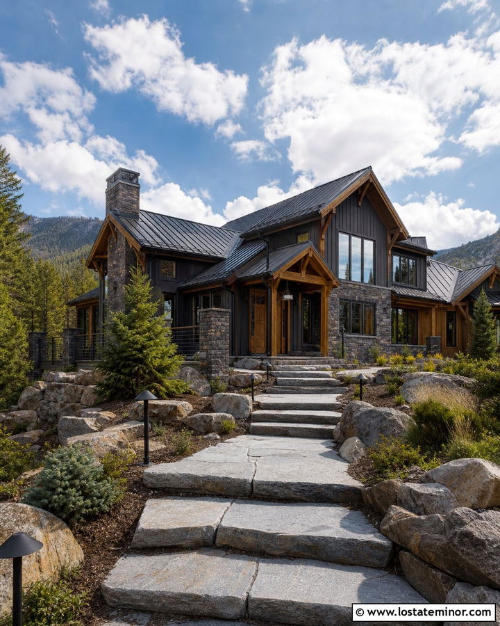 Mountain Stone House With Granite Walkway - 30 Stone House Design With Walkway Ideas