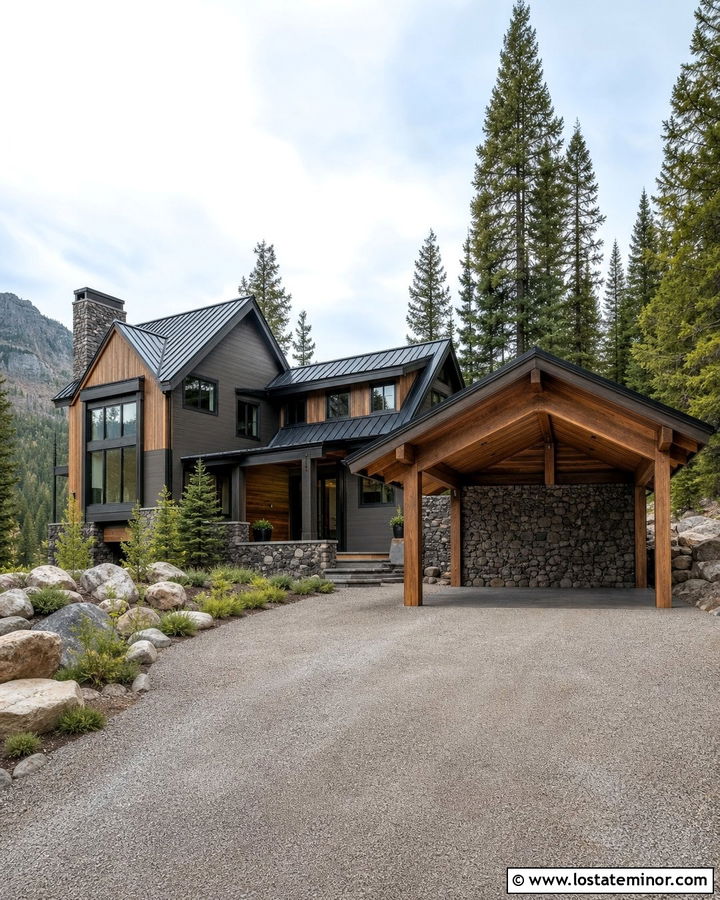 Mountain Stone House With Heavy Timber Carport - 30 Stone House Design With Carport Ideas