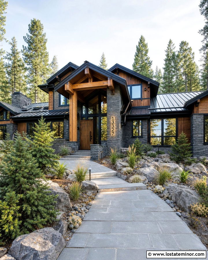 Mountain Stone House With Illuminated Numbers - 30 Stone House Design With House Numbers Ideas