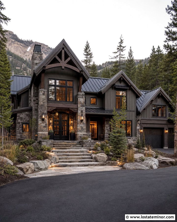Mountain Stone House With Iron Front Door - 30 Stone House Design With Front Door Ideas