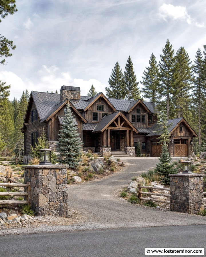 Mountain Stone House With Log Fence - 30 Stone House Design With Fence Ideas