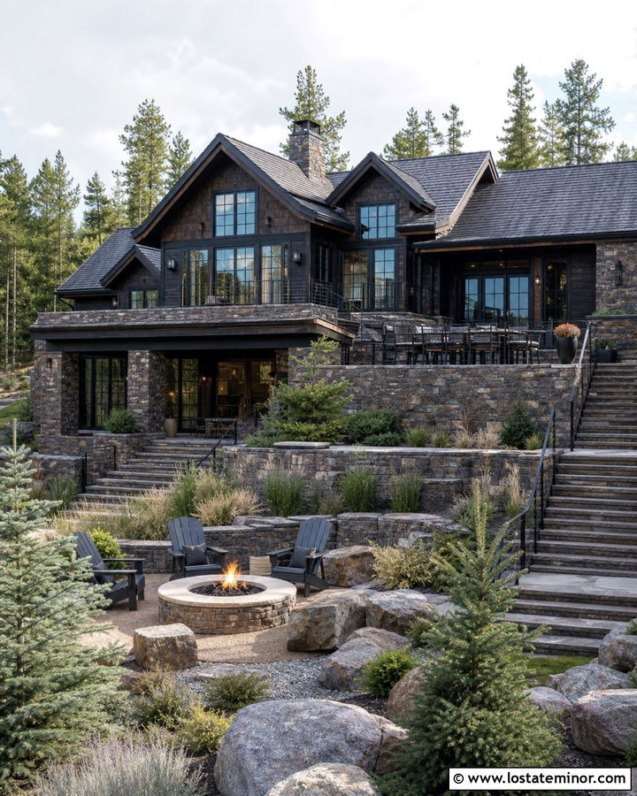 Mountain Stone House With Tiered Terrace - 30 Stone House Design With Backyard Ideas