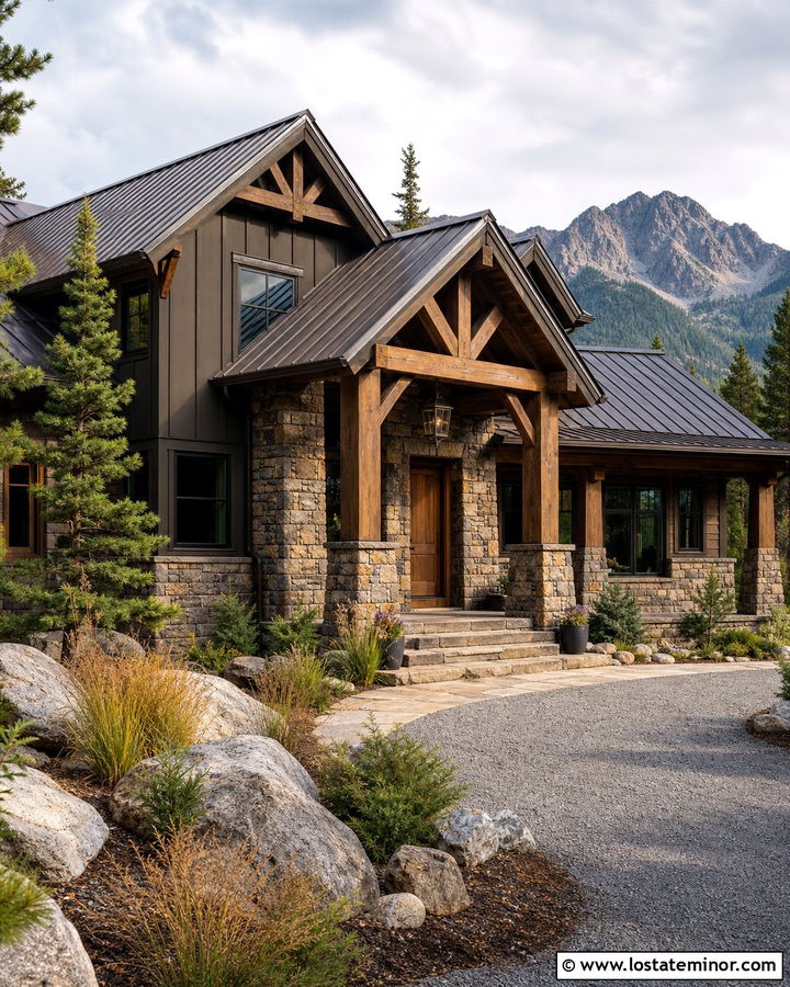 Mountain Stone House With Timber Front Porch - 30 Stone House Design With Front Porch Ideas