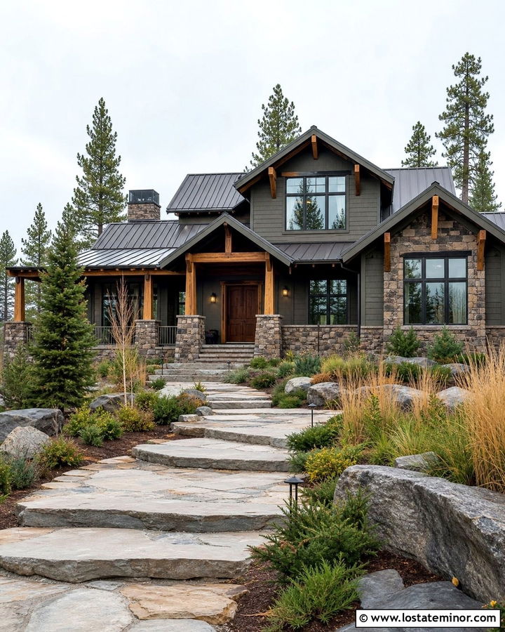 Mountain Stone House With Timber Porch Columns - 30 Stone House Design With Porch Columns Ideas