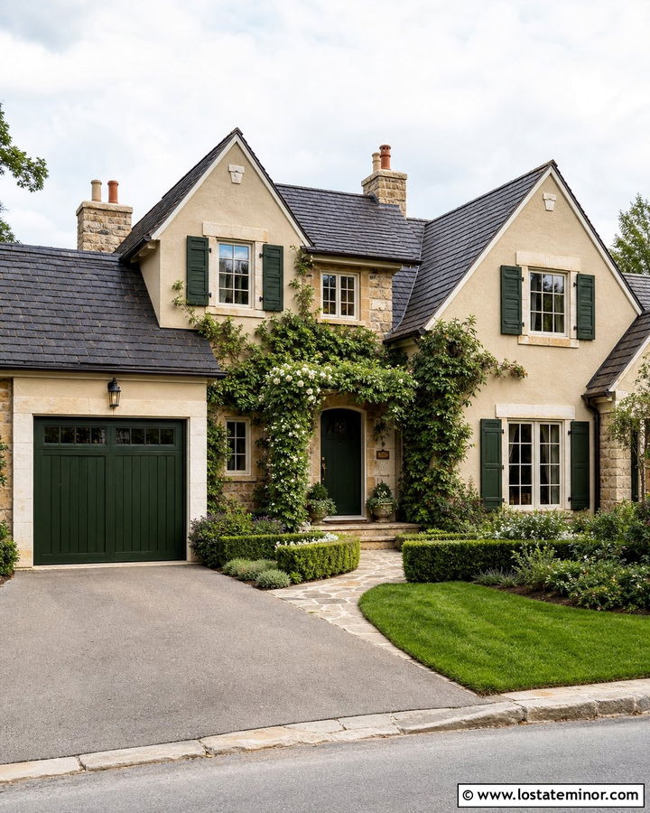 Mushroom Beige House With Deep Green Garage Door - 30 Beige House Design With Garage Door Ideas