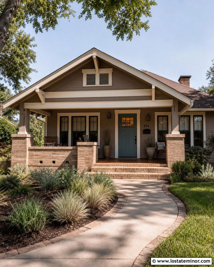 Mushroom Greige Bungalow With Tan Brick - 30 Greige House Design With Brick Accents Ideas
