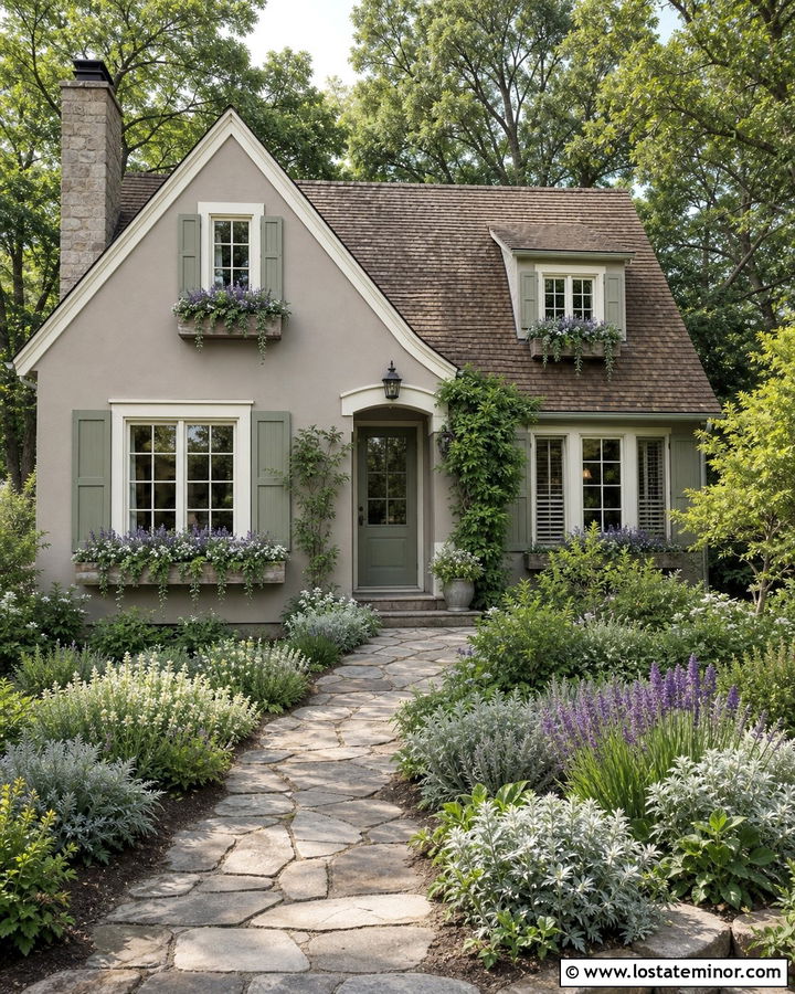 Mushroom Greige Cottage With Wood Window Boxes - 30 Greige House Design With Window Boxes Ideas