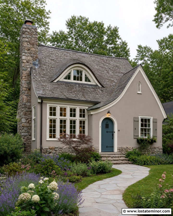 Mushroom Taupe Cottage With Eyebrow Dormer - 30 Taupe House Design With Dormers Ideas