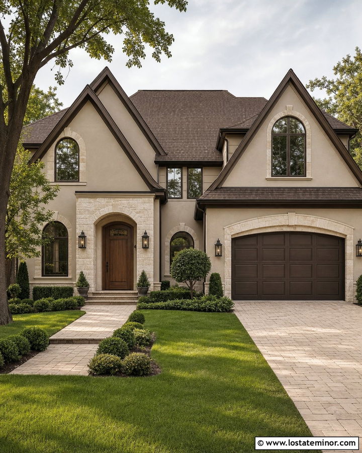 Mushroom Taupe House With Cream Stone - 30 Taupe House Design With Stone Accents Ideas