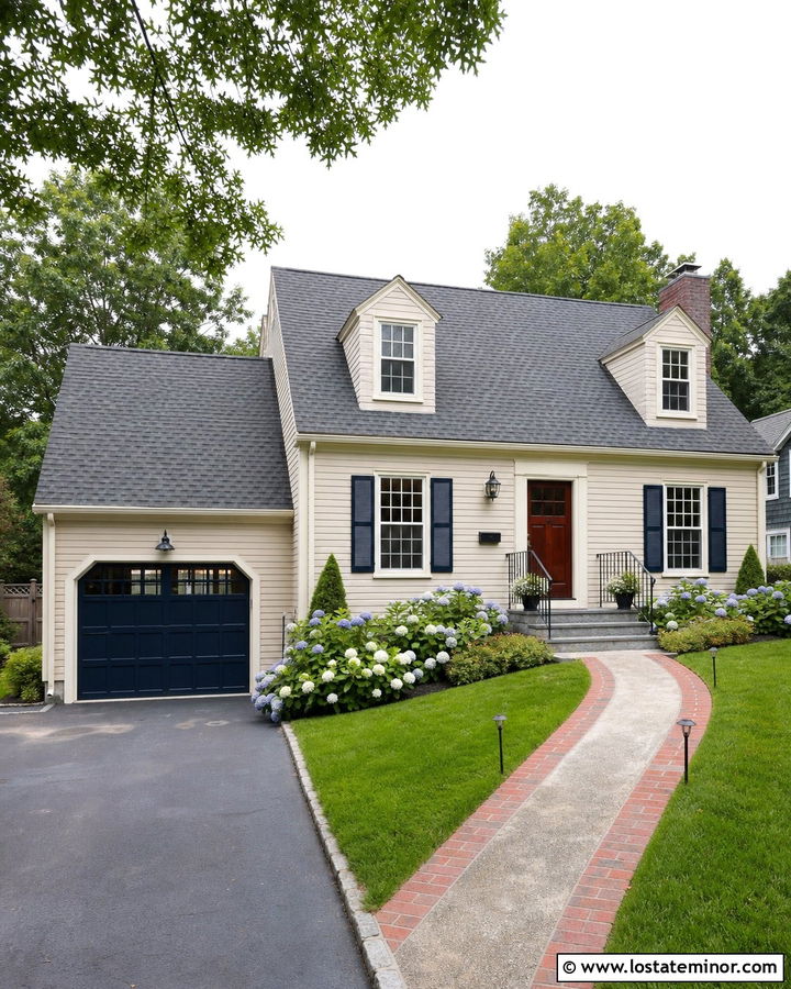 Muslin Cape Cod With Navy Garage Door - 30 Beige House Design With Garage Door Ideas