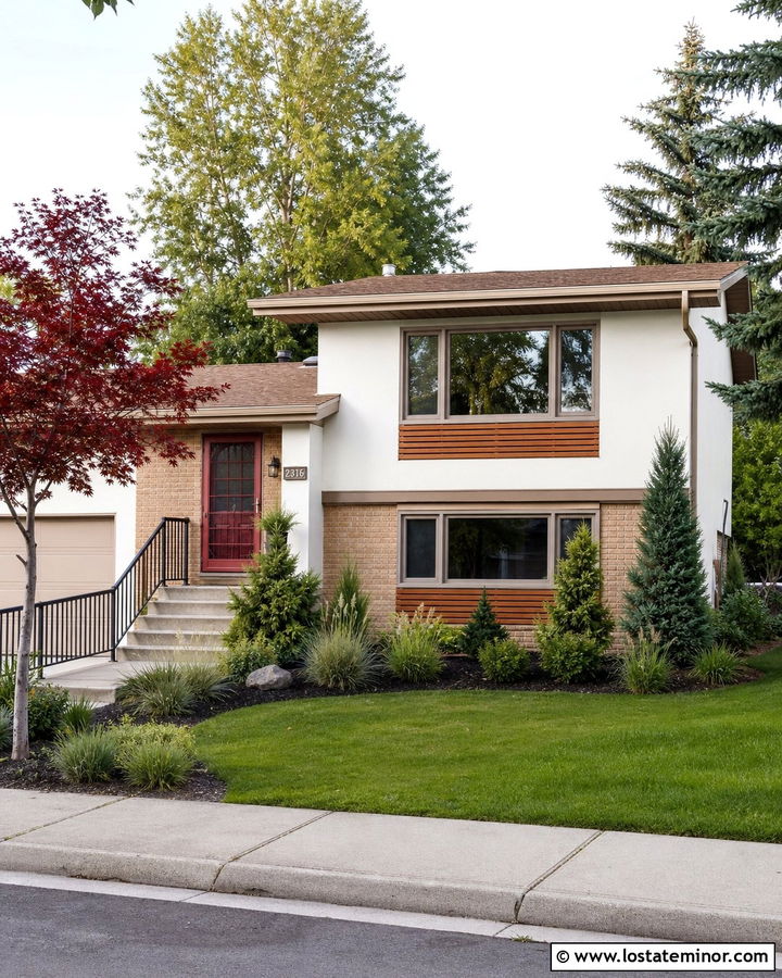Natural Choice Split Level With Red Screen Door - 30 Warm White House Design With Screen Door Ideas