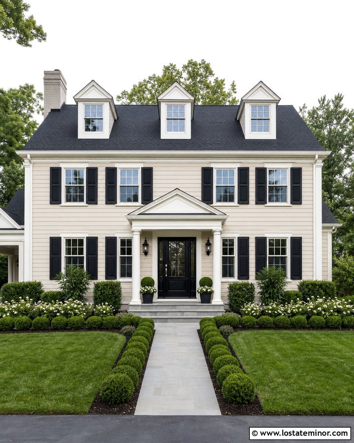 Natural Cream House With Black Storm Door - 30 Greige House Design With Storm Door Ideas