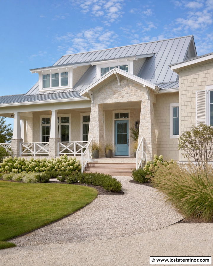 Natural Linen Coastal House With White Limestone - 30 Beige House Design With Stone Accents Ideas