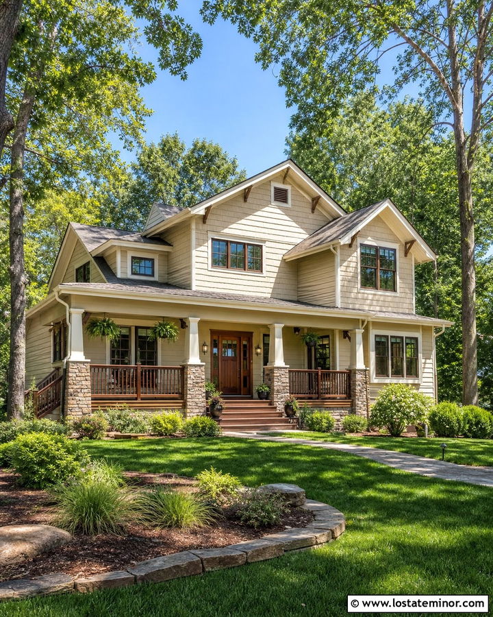 Natural Linen Craftsman House With Walnut Deck - 30 Beige House Design With Deck Ideas