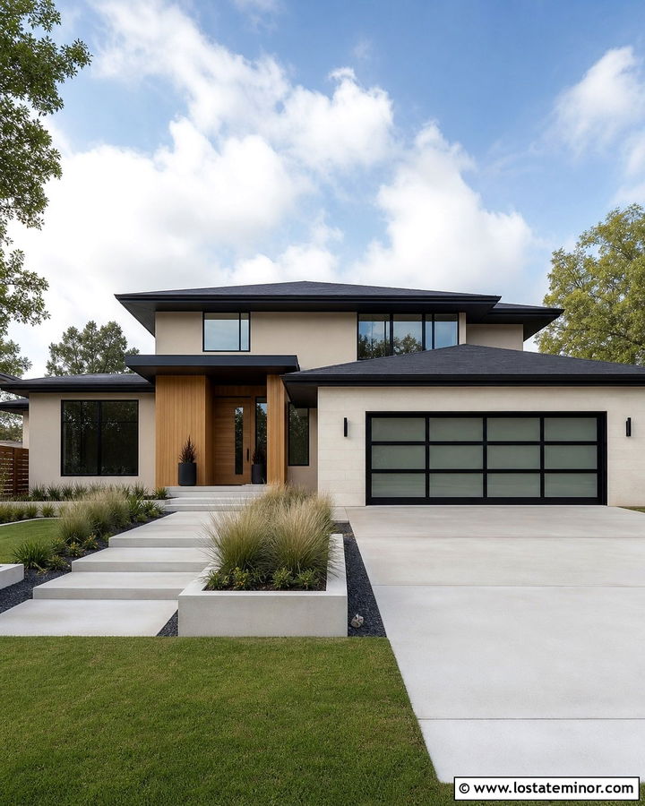 Natural Linen Modern House With Black Glass Garage Door - 30 Beige House Design With Garage Door Ideas
